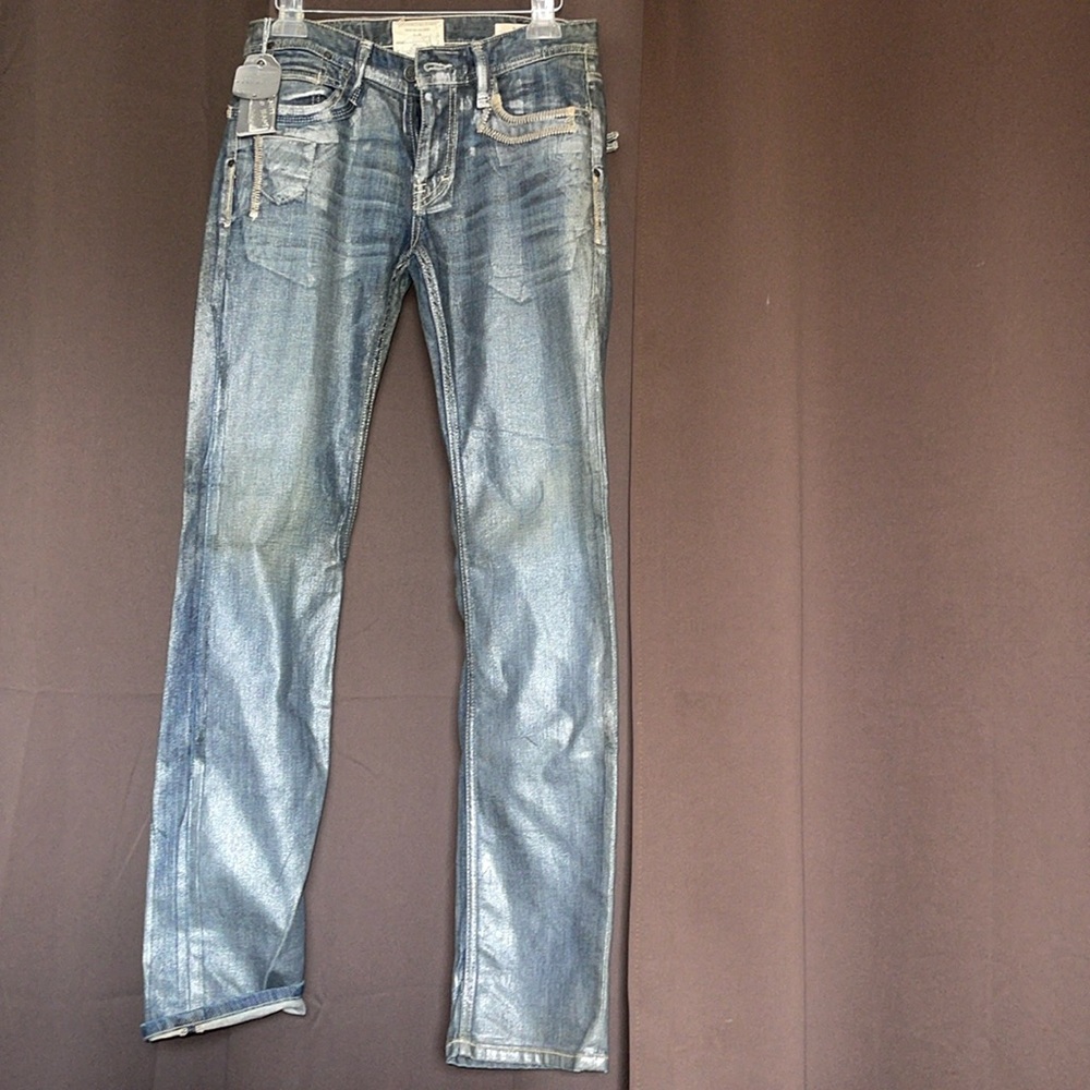 NWT METALLIC SILVER/BLUE JEANS.